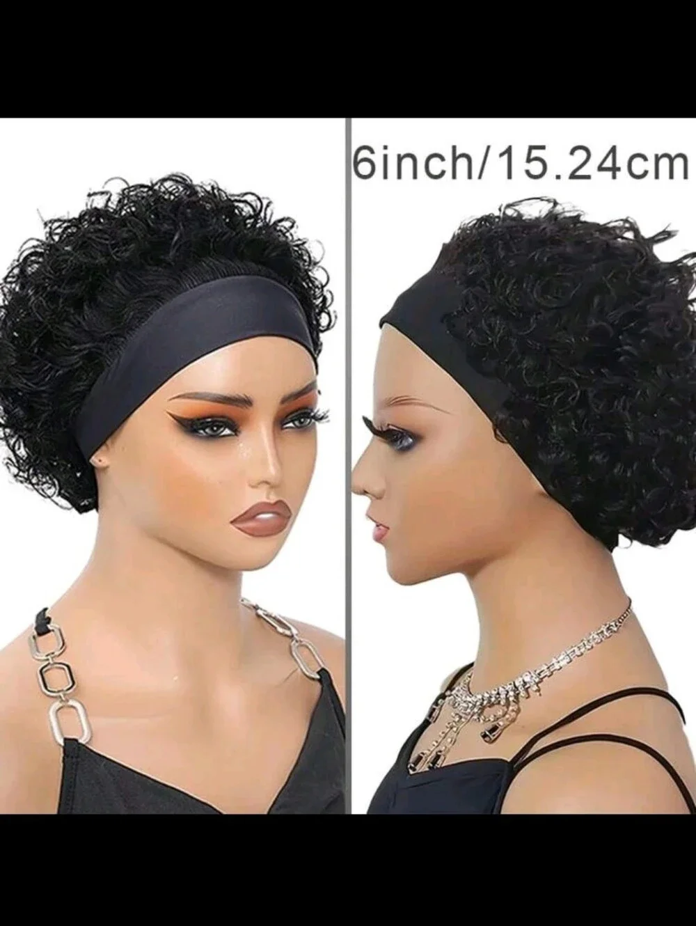 Black Wide Headband Wig Cap with Short Curly Hair